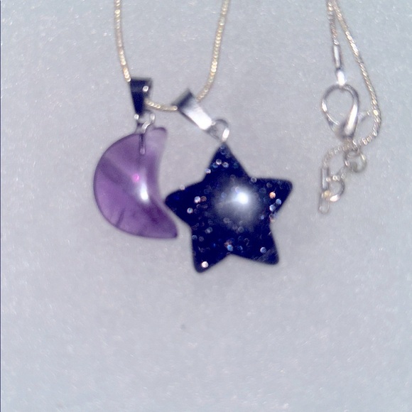 handmade Jewelry - Blue Goldstone Crystal Star ⭐️ and Amethyst Moon 🌙 sterling silver neckl…